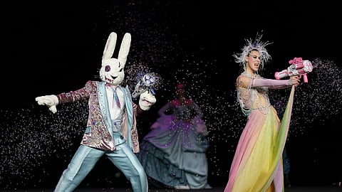 Models wear creations as part of the Julien Fournie Haute Couture Spring Summer 2025 collection