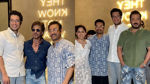 Junaid Khan, Shah Rukh Khan and Aamir Khan (L); Ira Khan, Aamir, Junaid and Salman Khan (R)