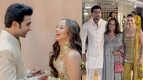 Aadar Jain and Alekha Advani (L); Ranbir Kapoor, Soni Razdan and Alia Bhatt (R)
