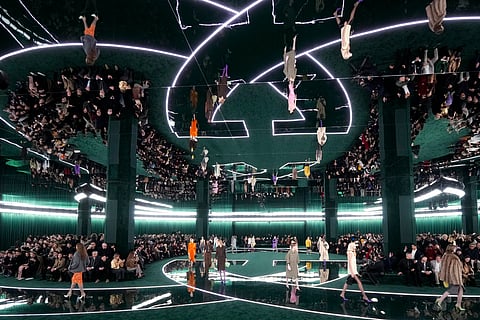 Models wear creations as part of the Gucci Fall/Winter 2025-2026 men's and women's collection, presented in Milan, Italy on Tuesday, Feb. 25, 2025