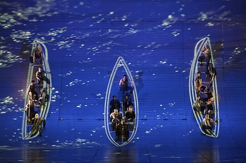 This image released by the Metropolitan Opera shows a scene from a rehearsal of the opera “Moby-Dick” at the Metropolitan Opera
