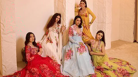 Divaa has chosen fabrics that flow yet hold structure — satins, soft crepes, and airy organzas