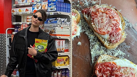 Hailey Bieber (L); Pizza toast (Image for representational purposes) (R)