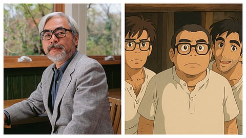 Miyazaki (L) has never been a fan of AI; (R) Studio Ghibli-style AI art of a popular scene from the film Hera Pheri (2000)