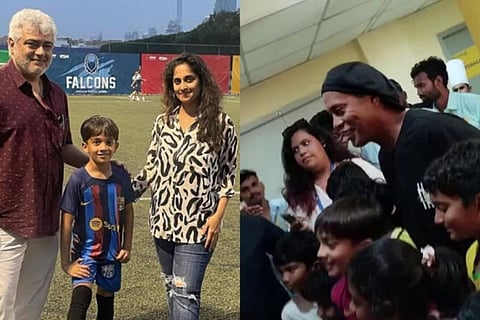 Ajith and Shalini with Aadvik; (right) Aadvik with Ronaldinho