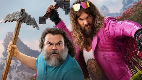Jack Black and Jason Momoa in a poster for A Minecraft Movie