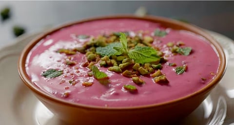Indulge in the nutty Pistachio-Beetroot Raita for a healthy beginning to the week