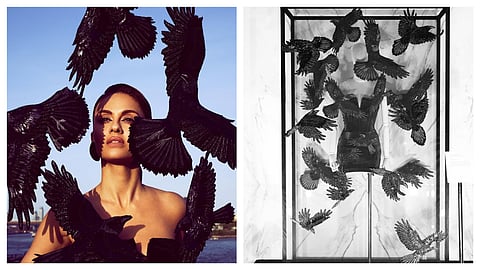 Natasha Poonawalla (L) wears the 'Raven’s Flight’ 3D embroidered sculptural corset frame and a short dress; (R) a closer look at the masterpiece