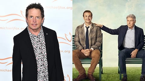 (L-R) Micheal J Fox; Jason Segel and Harrison Ford in the 'Shrinking' poster