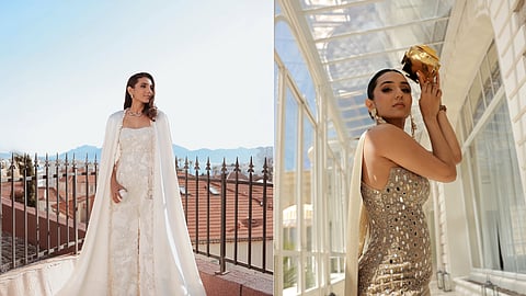 Masoom Minawala in Reik Studio ensemble (L) and in Arpita Mehta's ensemble