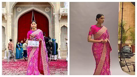 Nora Fatehi wears a hot pink Bandhani saree by a Jaipur-based label in The Royals