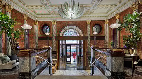 The main entrance to Mandarin Oriental Hyde Park. Harrods and Harvey Nichols are seconds away