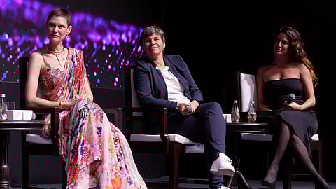 Bianca Balti (L) in Varun Bahl Couture at the Waves Summit 2025