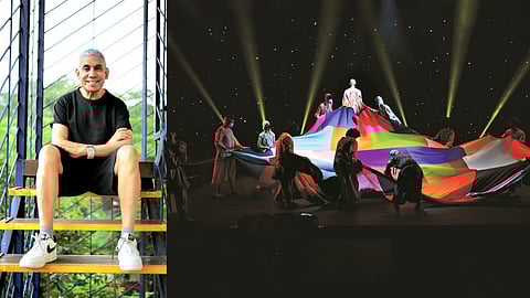 Kevin Oliver is seen seated on a staircase with a metallic grill in the background beside a still from a previous production of Andrew Lloyd Webber’s Joseph and the Amazing Technicolor Dreamcoat by Kevin Oliver