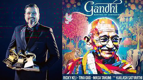 Ricky Kej is seen posing with his three grammys beside the cover art image of his brand new album Gandhi – Mantras of Compassion