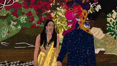 Artist Viraj Khanna uses traditional embroidery methods to focus on the Big, Fat Indian Wedding at his recent art exhibition in Los Angeles