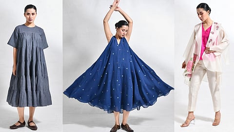 Outfits from The Hiranya’s Meeras collection featuring handcrafted textiles, soft silhouettes, and heritage-inspired design