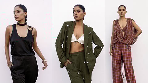 Designs from Anamika Ananth’s Penmai collection featuring South Indian-inspired textiles, metal embellishments, and conscious craftsmanship.