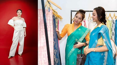 Designer Potsangbam Susma Shija and models in saris at the Nupi store in Imphal