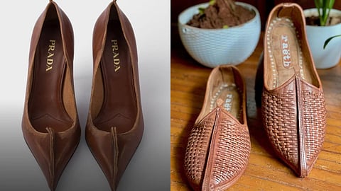 Prada’s 'Antiqued Leather Pumps' are a calfskin stiletto design with visible stitching and raw-cut edges