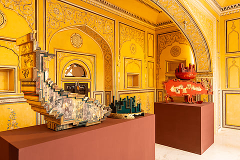 Nandan Ghiya, Matsya with the Ark & Varaha as Labourer, Installation View, Varaha after Battle — one from the exhibition