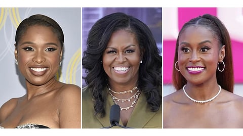 This combination of photos shows Jennifer Hudson, left, Michelle Obama, center, and Issa Rae.
