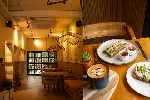 (L-R) Interiors of Flax Cafe and Savoury moong pancakes
