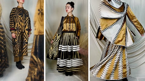 Sunhera introduces metallic touches of gold, silver, and bronze to Ka-Sha’s signature black and white applique designs