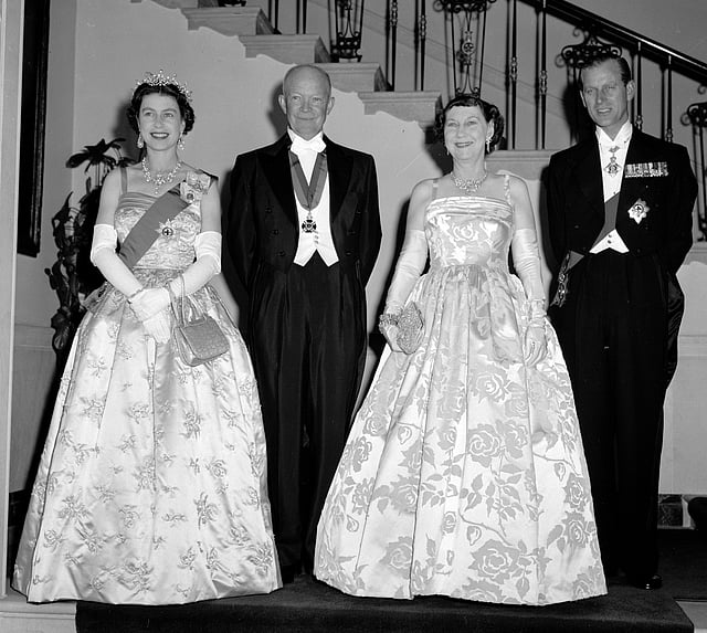Britain's Queen Elizabeth II, far left, and her husband, Prince Philip, far right, stand with President Dwight Eisenhower, second from left, and first lady Mamie