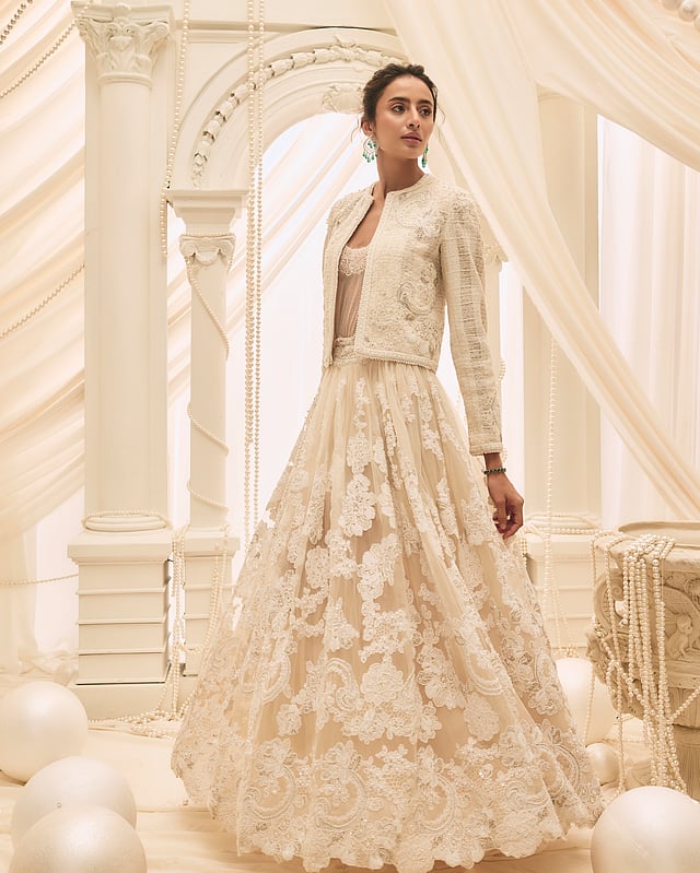 The La Perlaire edit by Roseroom by Isha Jajodia has silhouettes draped in pearls and lace