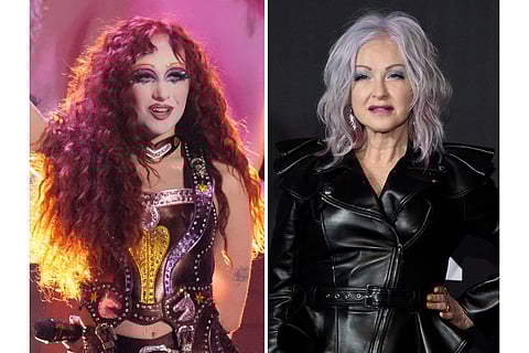 Chappell Roan appears during the 67th annual Grammy Awards in Los Angeles on Feb. 2, 2025, left, and Cyndi Lauper appears at the MTV Video Music Awards in New York