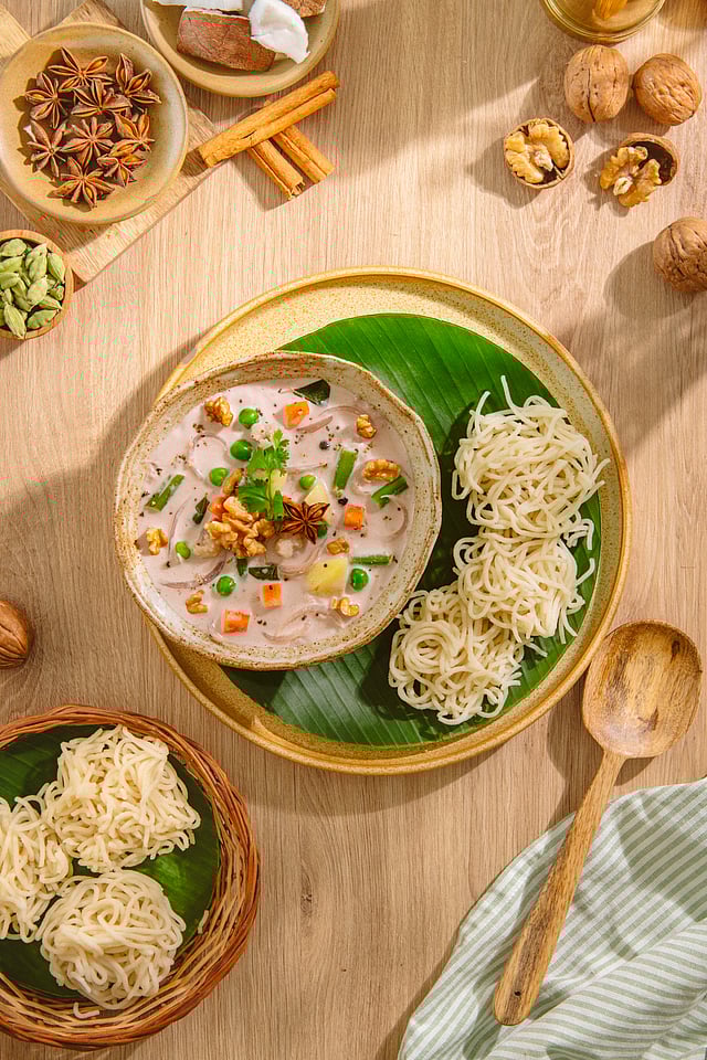 Idiyappam with walnut coconut stew