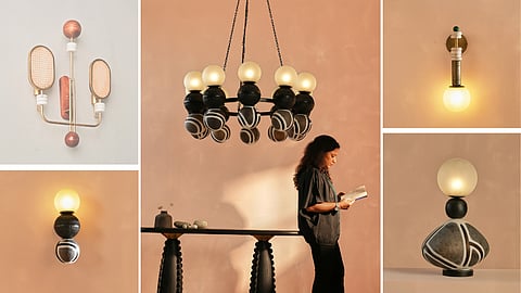 Contemporary lighting series inspired by the balance and movement of the Lagori game.
