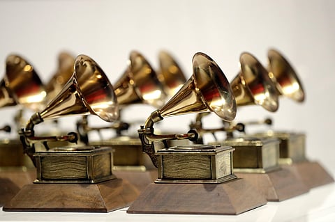 Grammy Awards are displayed at the Grammy Museum Experience at Prudential Center in Newark