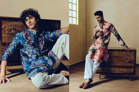 Studio 113 Raat Baaki menswear collection featuring a model in a contemporary printed silk chanderi kurta for festive nightlife