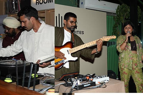 Collage of music archivist Nishant Mittal at a turntable and music producer Sakré performing with singer Sahana Naresh at Sonos Sound Suites Bengaluru.