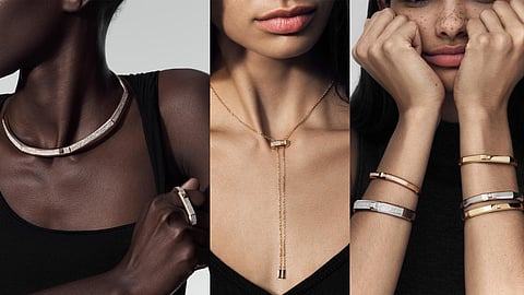 Designer jewellery pieces with bold, geometric silhouette