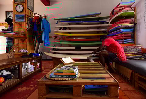 Surfboards stacked up inside the cafe. Pics by Sunish P Surendran