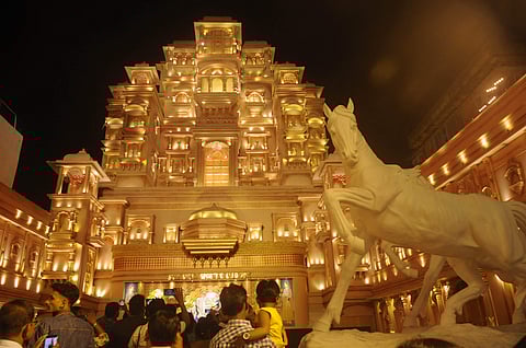 The pandal of Sreebhumi Sporting Club Durga Puja, fashioned after the sets of the film Pamaavat