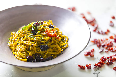 Red Rice Noodles and Cranberry Pesto