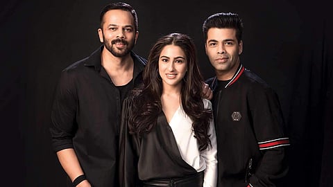 Bollywood actress Sara Ali Khan along with filmmakers Rohit Shetty and Karan Johar.