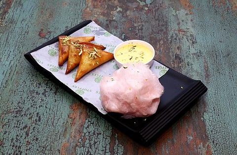 Gajar halwa samosas paired with cotton candy. Wait, what?