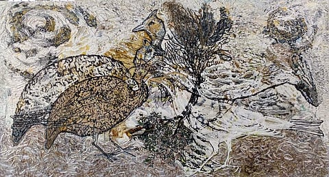 The Nature Whispers (Oil, acrylic, jute, leaf, cotton, paper on canvas) 2018