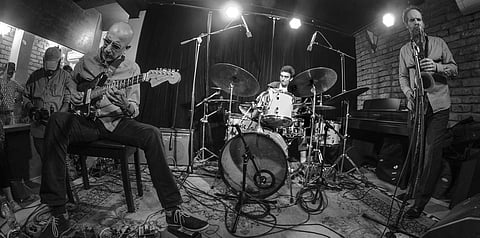 Amyt Datta, Jivraj Singh and Maarten Visser perform at Skinny Mo's Jazz Club's first commercial gig