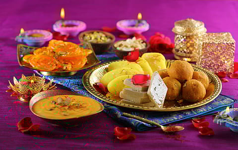 Jalebi with rabdi, Kesar Shrikhand, Mohan Thal Ladoo, Kaju Katli