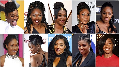 This combination photo shows various hairstyles worn by actress-comedian Tiffany Haddish (AP Photo)
