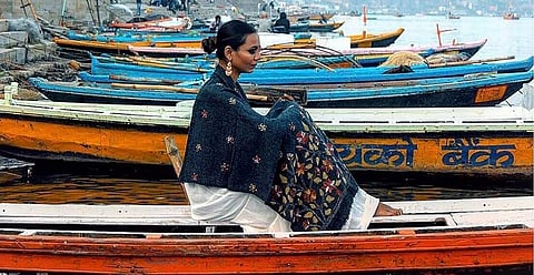 Hand woven wool stole with hand embroidery by Veave's Studio