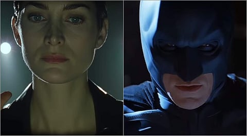 Carrie-Ann Moss and Christian Bale in The Matrix and The Dark Knight