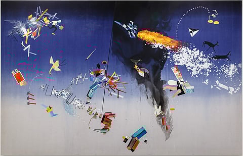 Heptane (watercolour, gouache on dyed cotton fabric) 2019