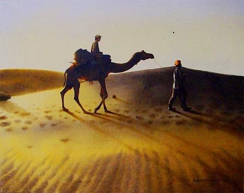 Camel Safari, photorealism in watercolour by Sudipta Karmakar
